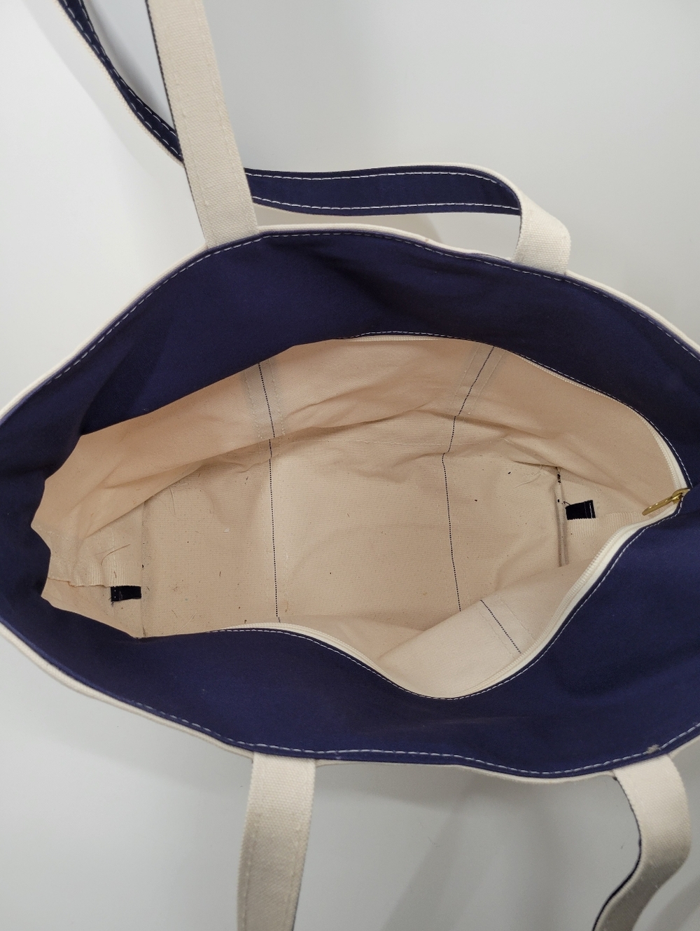 Vtg L.L. Bean Boat and Tote Lrg Beige Navy Blue Double Handles Canvas Tote Bag - Picture 3 of 6